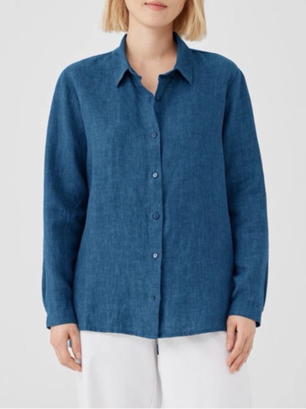 Eileen Fisher Washed Organic Linen Délavé Classic Collar Shirt in Blue